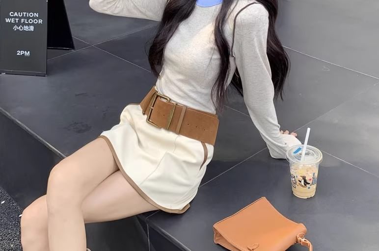 Crew Neck Contrast Trim Tee with Mini A-Line Skirt