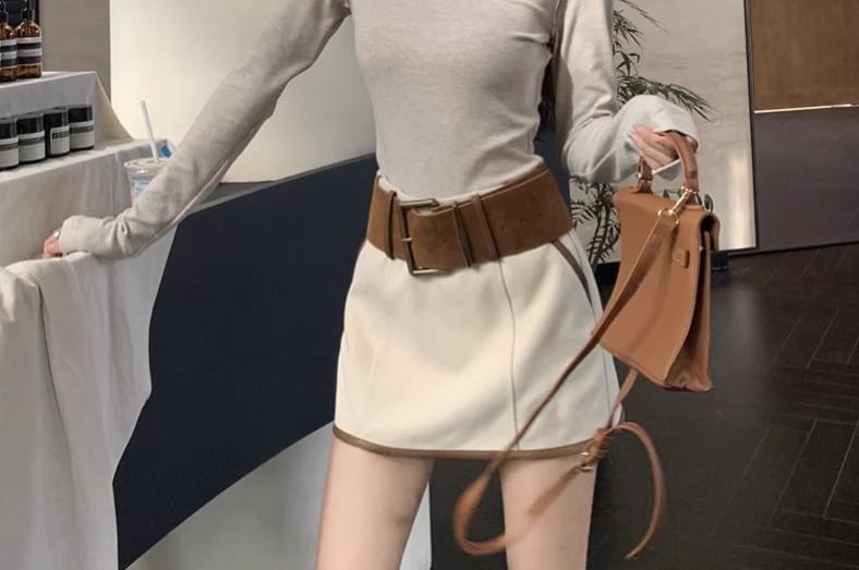 Crew Neck Contrast Trim Tee with Mini A-Line Skirt