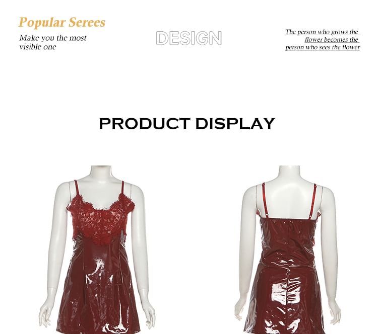 Spaghetti Strap V-Neck Lace Panel Patent Leather Mini A-Line Dress