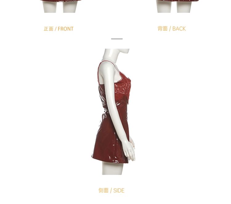 Spaghetti Strap V-Neck Lace Panel Patent Leather Mini A-Line Dress