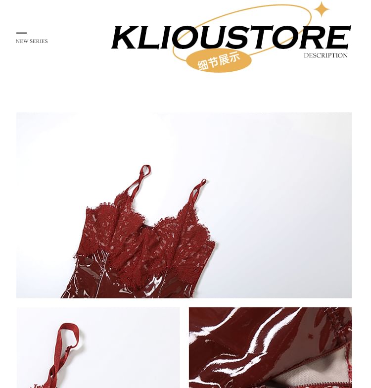 Spaghetti Strap V-Neck Lace Panel Patent Leather Mini A-Line Dress