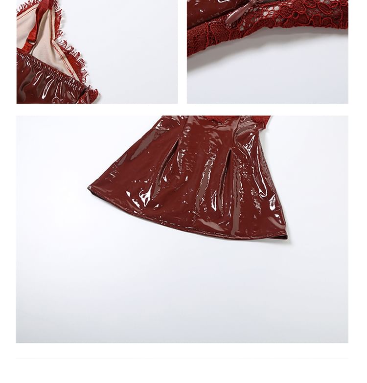 Spaghetti Strap V-Neck Lace Panel Patent Leather Mini A-Line Dress