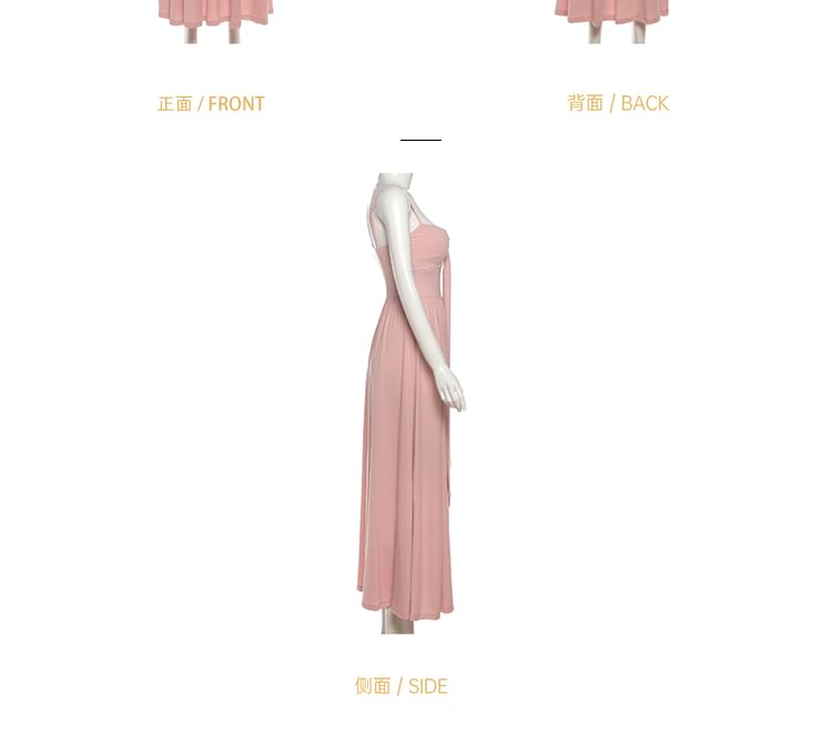 Spaghetti Strap Plain Ruched Maxi A-Line Dress / Open Front Crop Cardigan