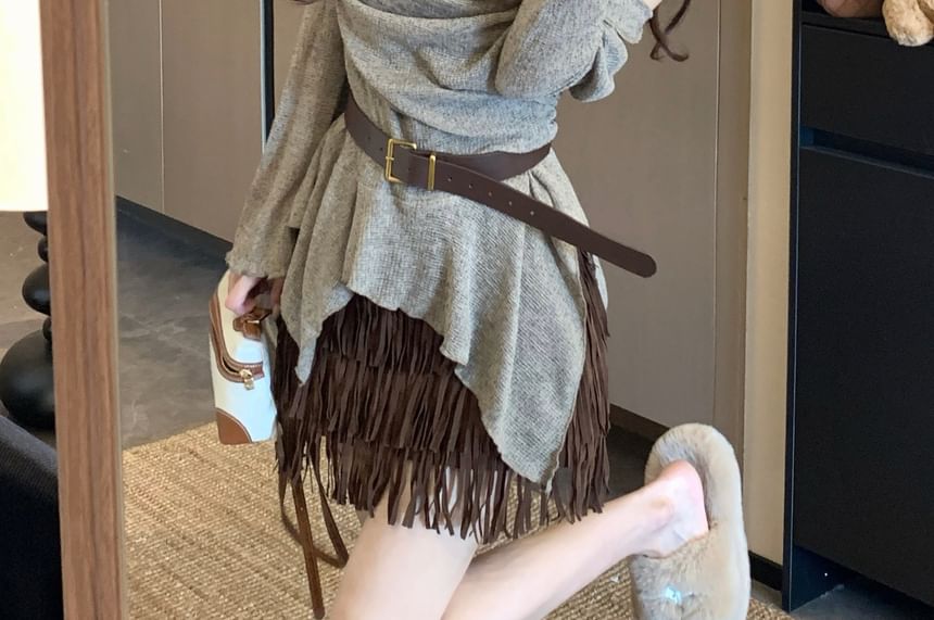 Cowl Neck Top with Fringe Faux Suede Mini Skirt and Belt Set