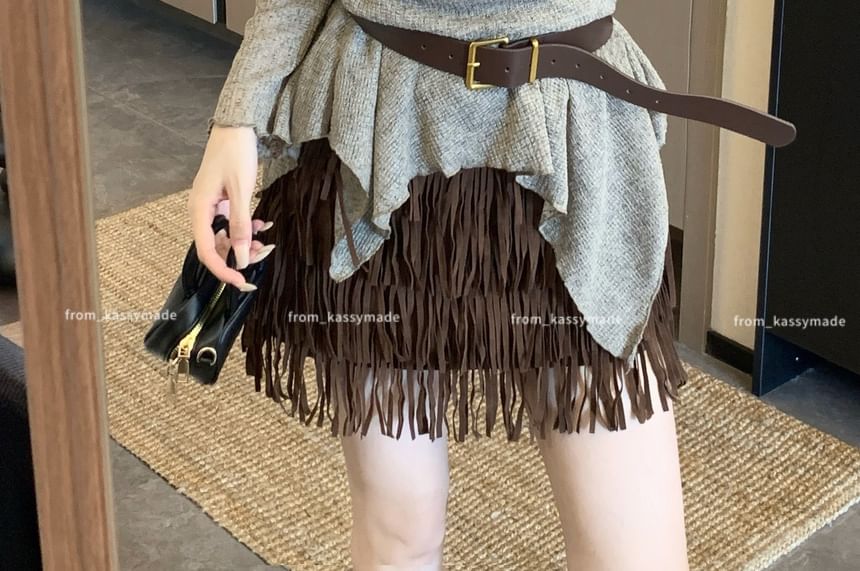Cowl Neck Top with Fringe Faux Suede Mini Skirt and Belt Set