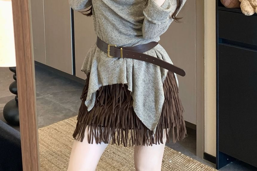 Cowl Neck Top with Fringe Faux Suede Mini Skirt and Belt Set