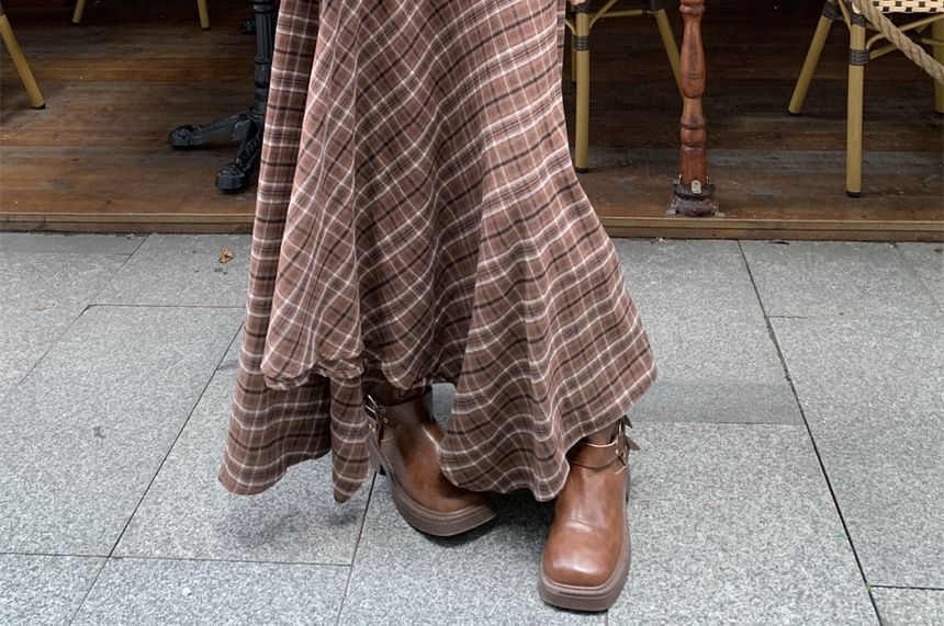 Plaid Asymmetrical Maxi A-Line Skirt with High Rise