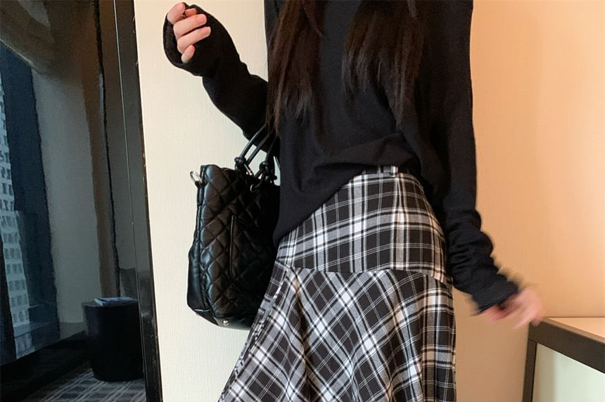 Plaid Asymmetrical Maxi A-Line Skirt with High Rise