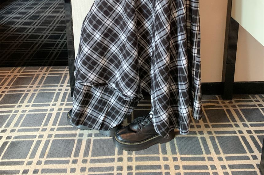 Plaid Asymmetrical Maxi A-Line Skirt with High Rise