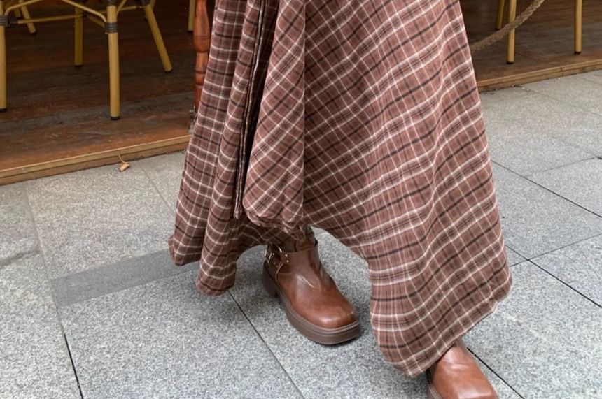 Plaid Asymmetrical Maxi A-Line Skirt with High Rise