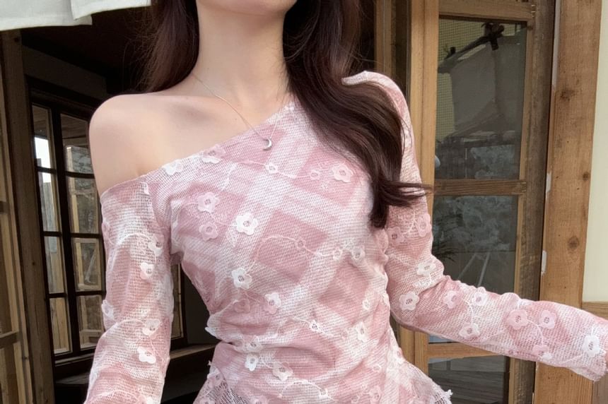 Plaid Off-Shoulder Asymmetric Top with Long Sleeves