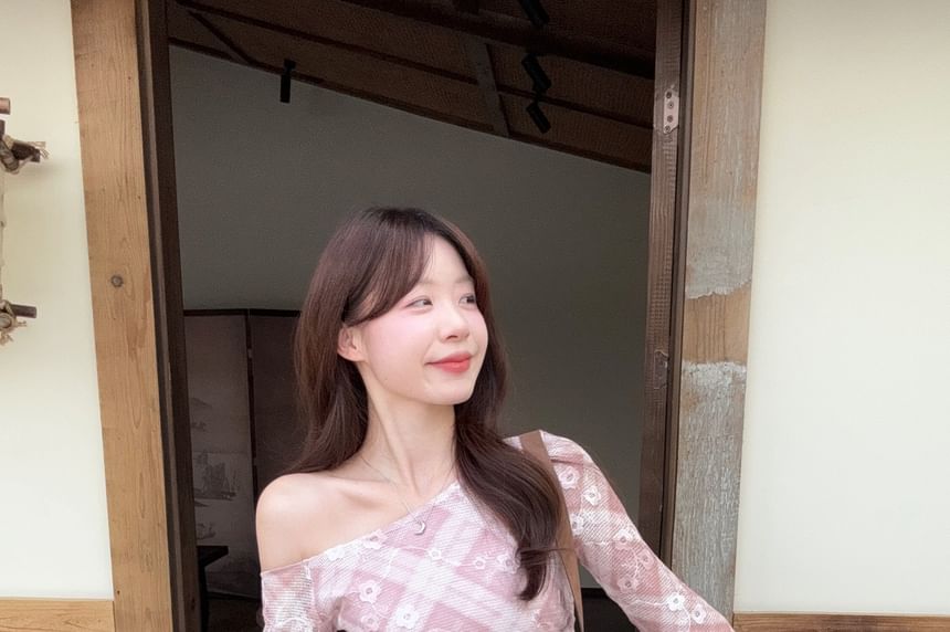 Plaid Off-Shoulder Asymmetric Top with Long Sleeves
