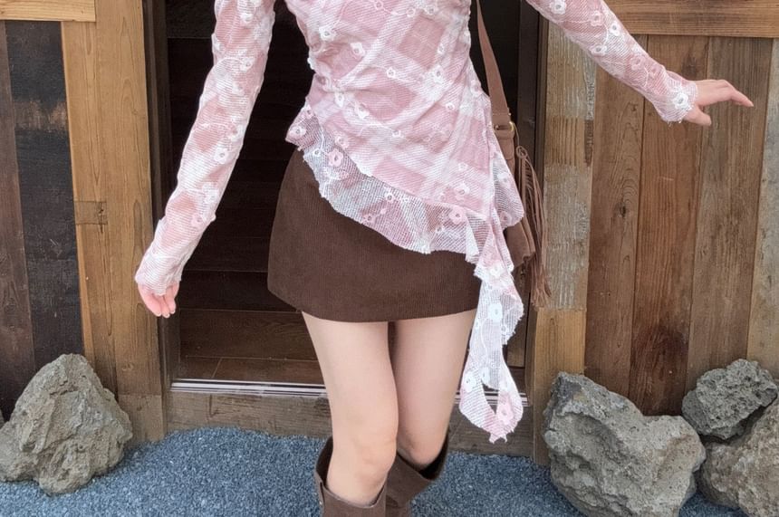 Plaid Off-Shoulder Asymmetric Top with Long Sleeves