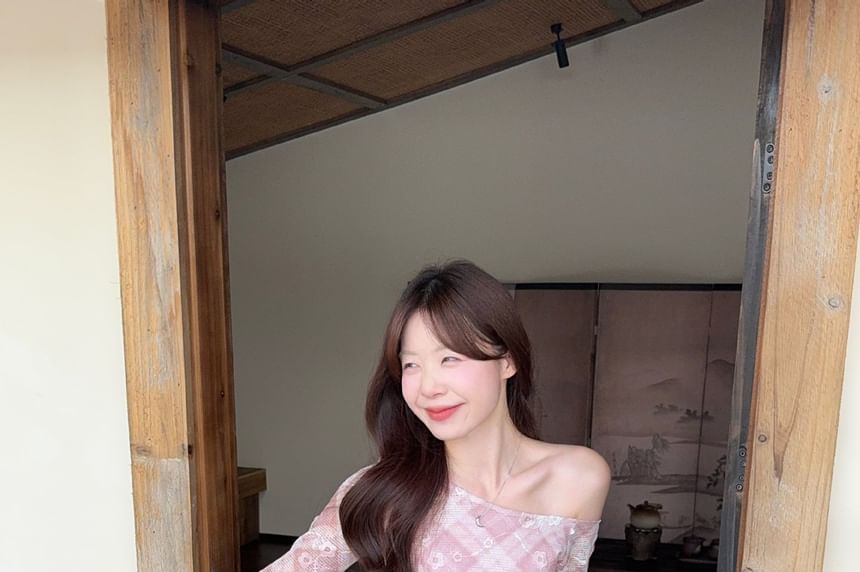 Plaid Off-Shoulder Asymmetric Top with Long Sleeves