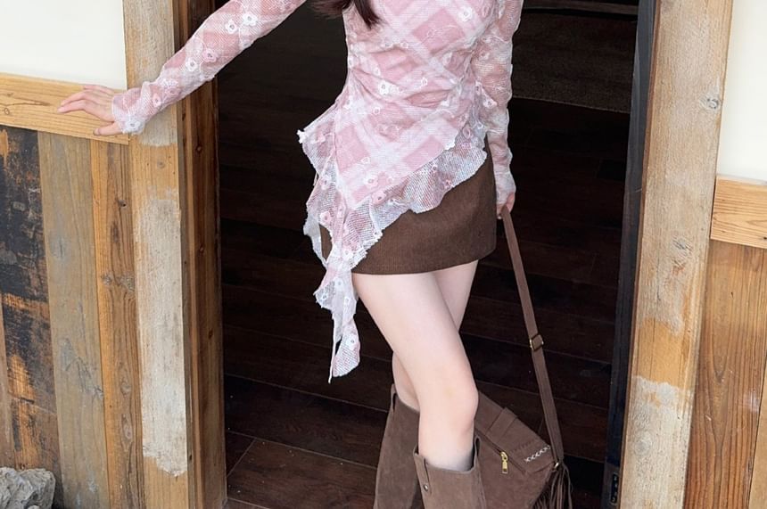 Plaid Off-Shoulder Asymmetric Top with Long Sleeves