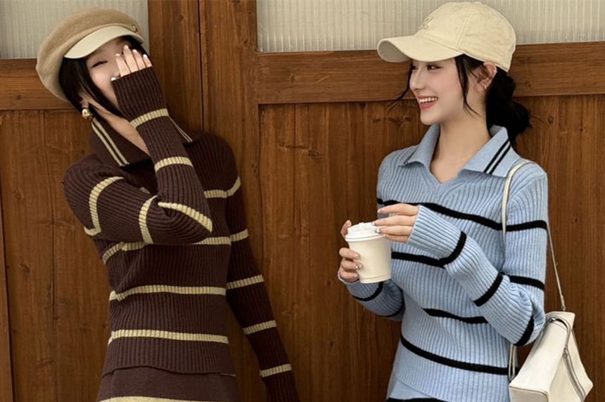 Collared Ribbed Sweater & Knit Mini Skirt Set