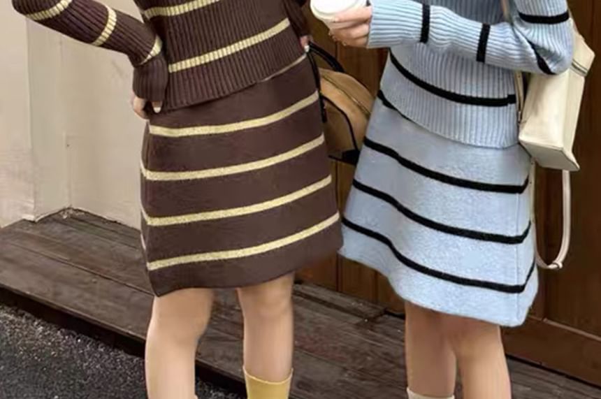 Collared Ribbed Sweater & Knit Mini Skirt Set