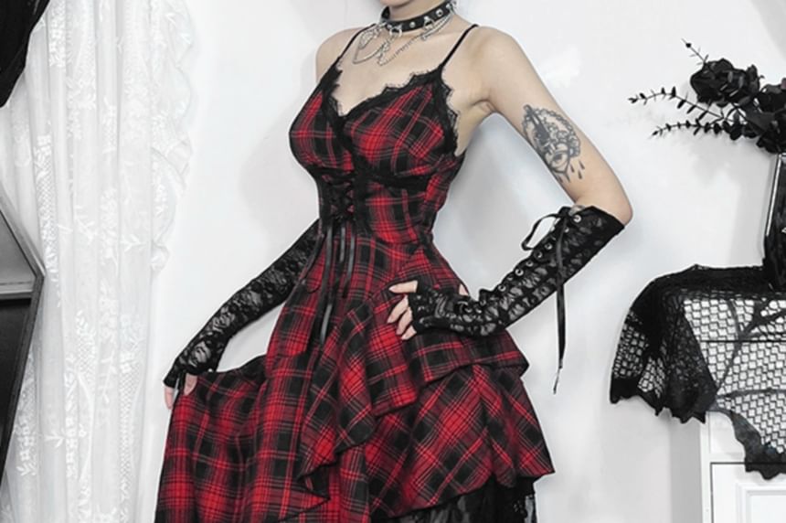 Spaghetti Strap V-Neck Plaid Asymmetrical Midi Dress