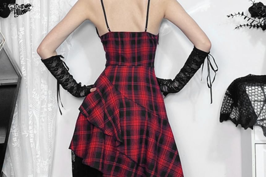 Spaghetti Strap V-Neck Plaid Asymmetrical Midi Dress