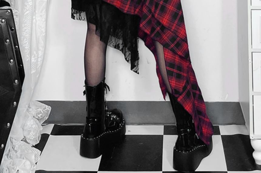 Spaghetti Strap V-Neck Plaid Asymmetrical Midi Dress