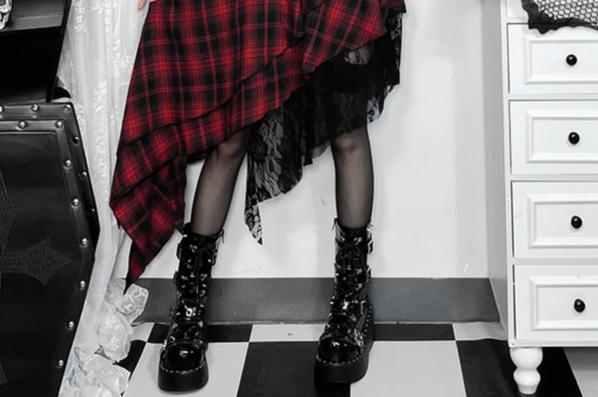 Spaghetti Strap V-Neck Plaid Asymmetrical Midi Dress