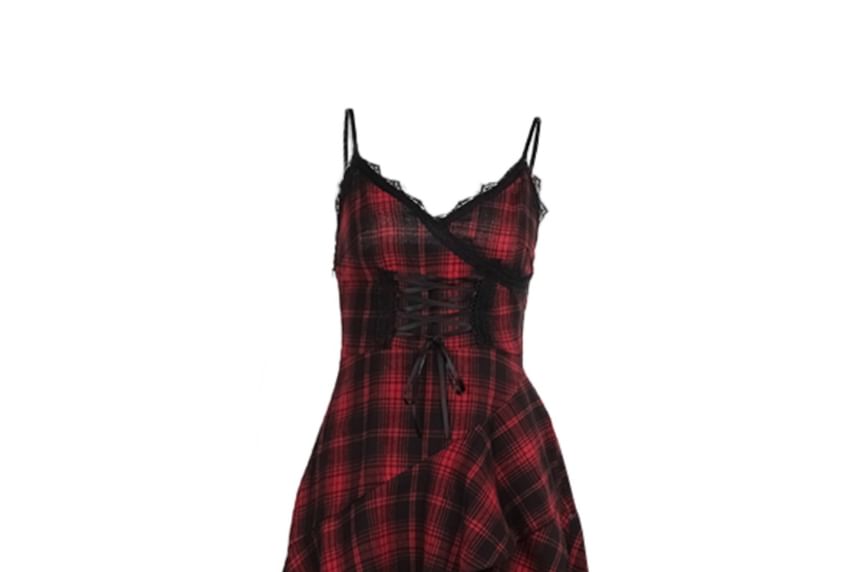 Spaghetti Strap V-Neck Plaid Asymmetrical Midi Dress