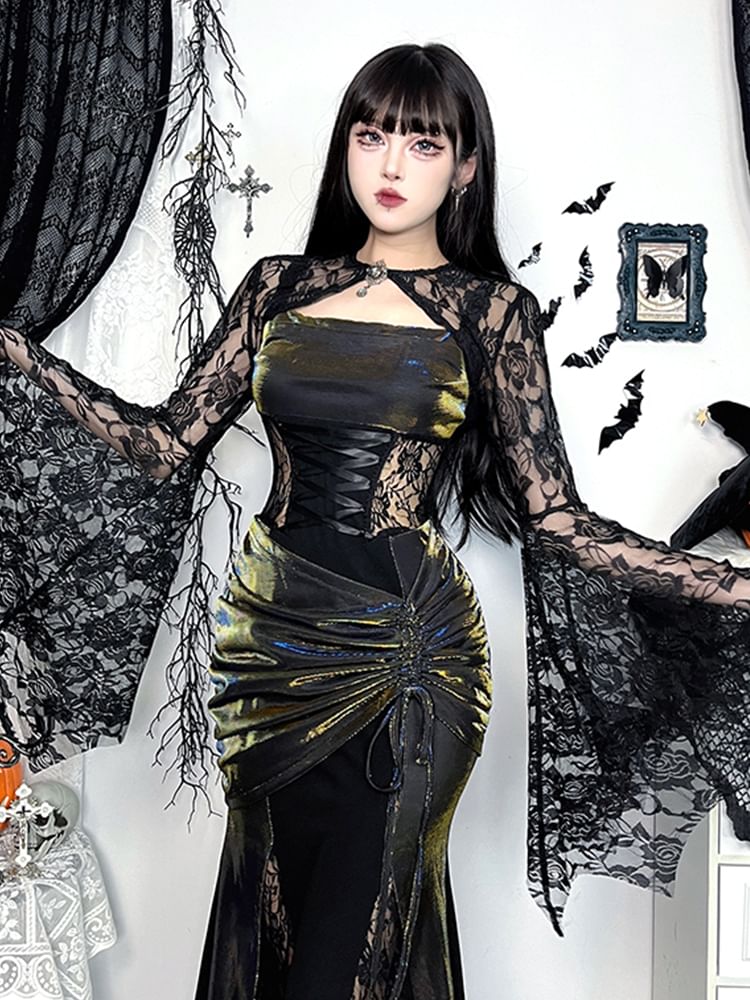 Spaghetti Strap Glitter Maxi A-Line Dress / Long-Sleeve Lace Shrug
