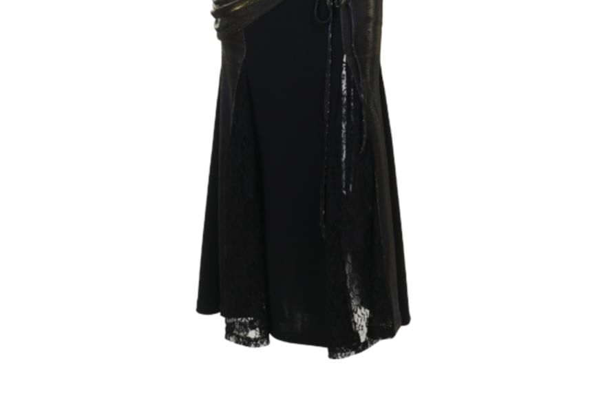 Spaghetti Strap Glitter Maxi A-Line Dress / Long-Sleeve Lace Shrug
