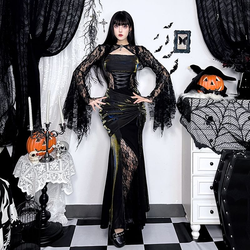 Spaghetti Strap Glitter Maxi A-Line Dress / Long-Sleeve Lace Shrug