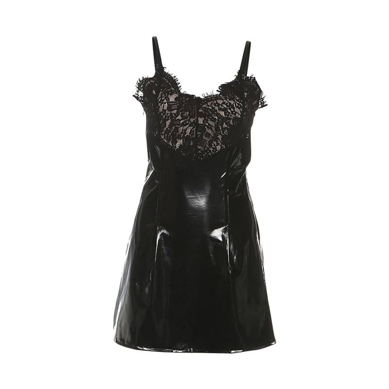 Spaghetti Strap Plain Lace Panel Patent Leather Mini A-Line Dress
