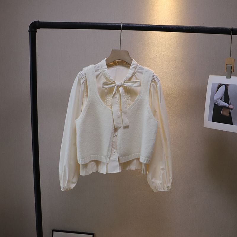 Tie-Neck Solid Blouse & Single-Button Sweater Vest Set with Long Sleeves