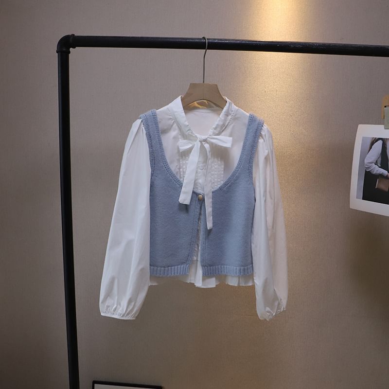 Tie-Neck Solid Blouse & Single-Button Sweater Vest Set with Long Sleeves