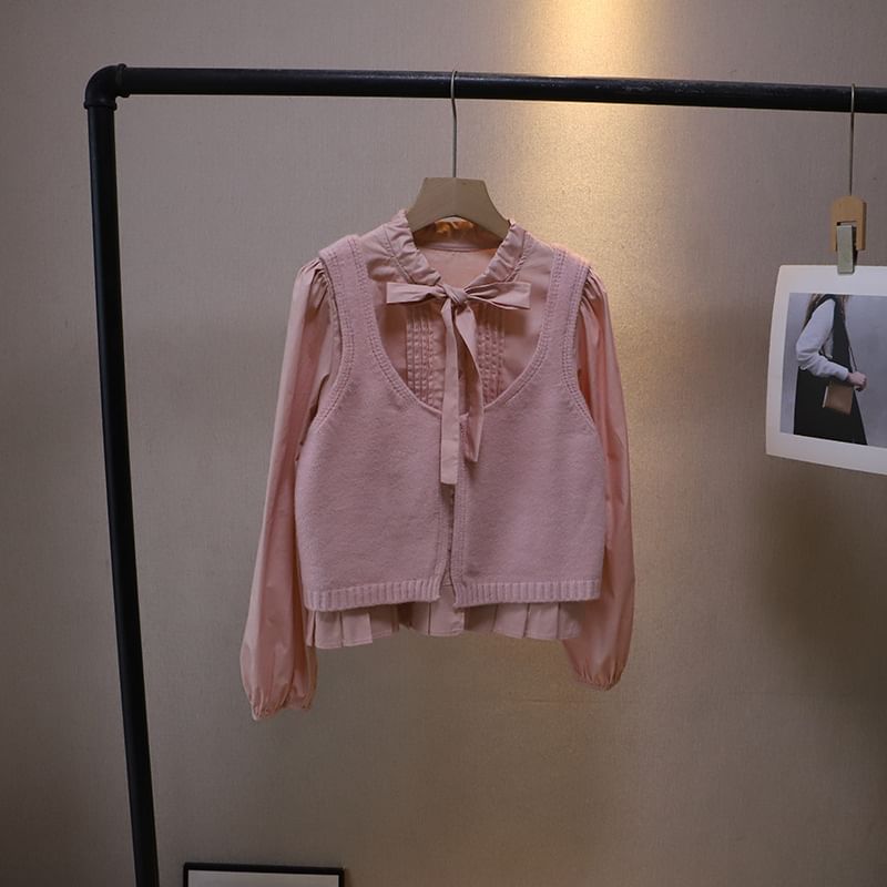 Tie-Neck Solid Blouse & Single-Button Sweater Vest Set with Long Sleeves