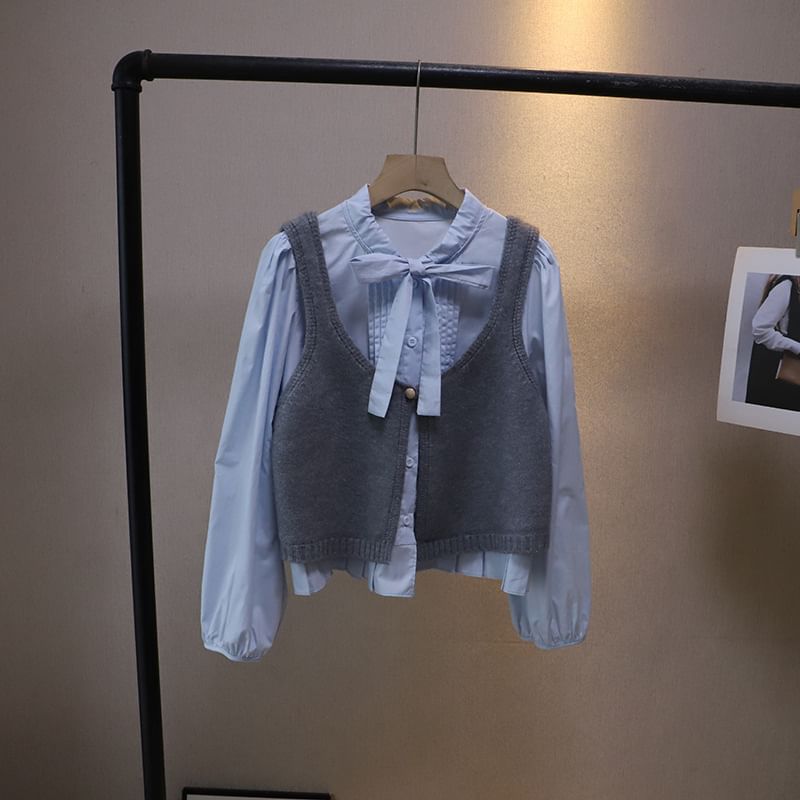 Tie-Neck Solid Blouse & Single-Button Sweater Vest Set with Long Sleeves