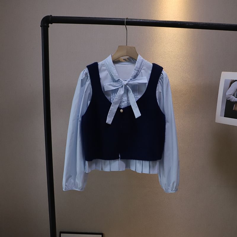 Tie-Neck Solid Blouse & Single-Button Sweater Vest Set with Long Sleeves