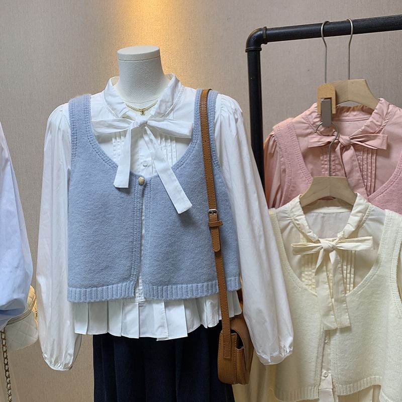 Tie-Neck Solid Blouse & Single-Button Sweater Vest Set with Long Sleeves