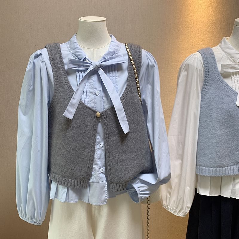 Tie-Neck Solid Blouse & Single-Button Sweater Vest Set with Long Sleeves