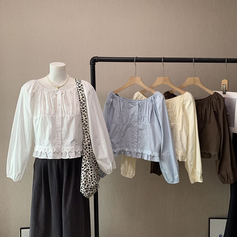Lace-Trimmed Blouse with Crew Neckline & Extended Sleeves