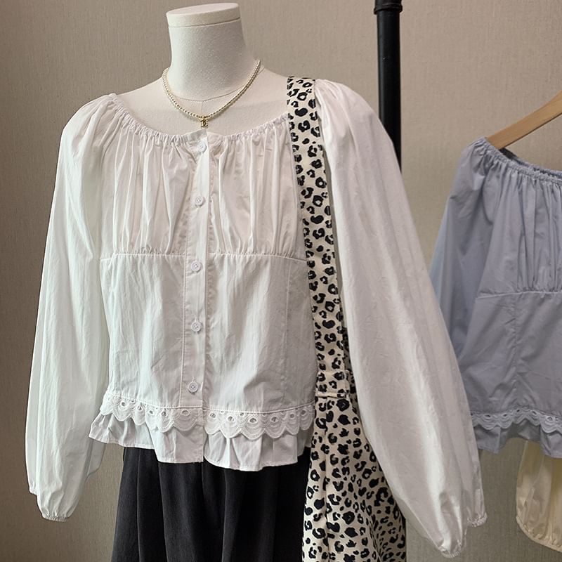 Lace-Trimmed Blouse with Crew Neckline & Extended Sleeves