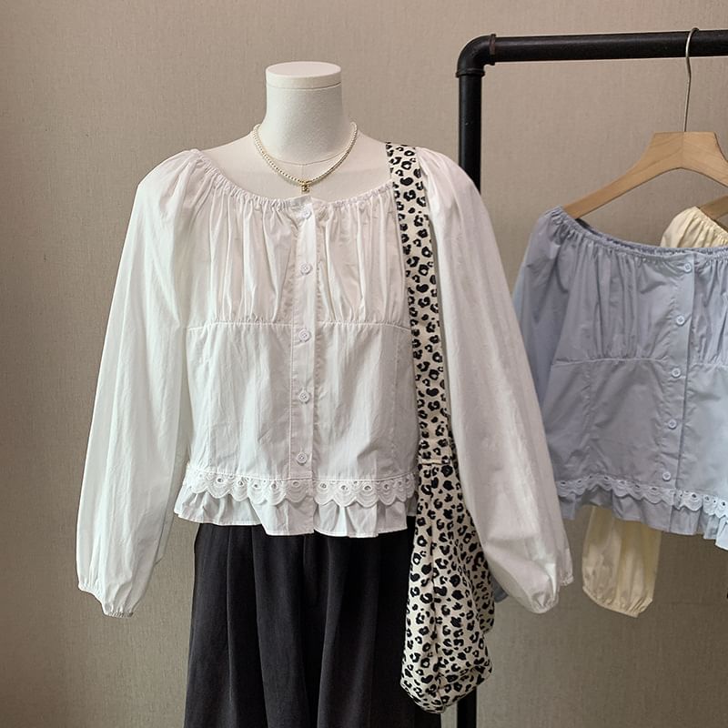Lace-Trimmed Blouse with Crew Neckline & Extended Sleeves