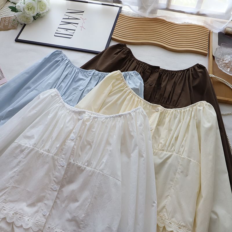 Lace-Trimmed Blouse with Crew Neckline & Extended Sleeves