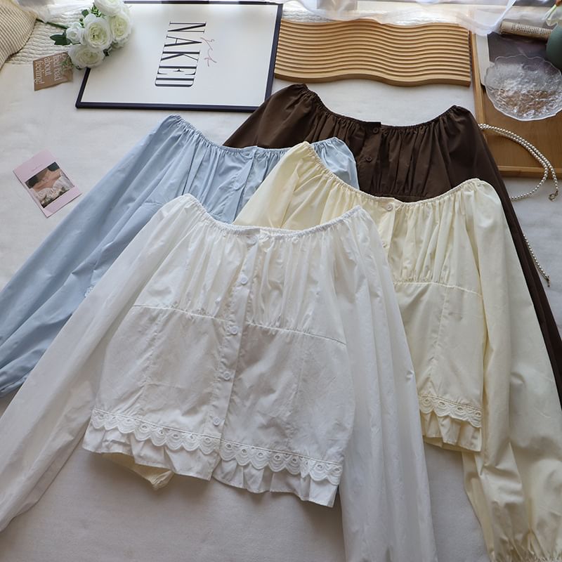 Lace-Trimmed Blouse with Crew Neckline & Extended Sleeves