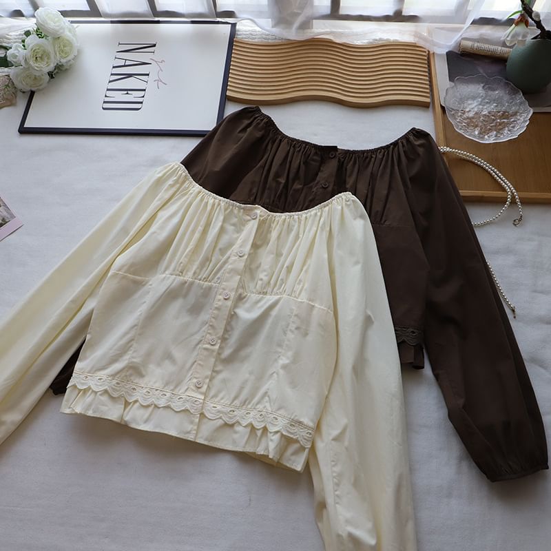 Lace-Trimmed Blouse with Crew Neckline & Extended Sleeves