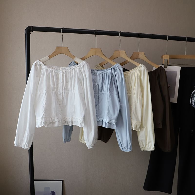 Lace-Trimmed Blouse with Crew Neckline & Extended Sleeves