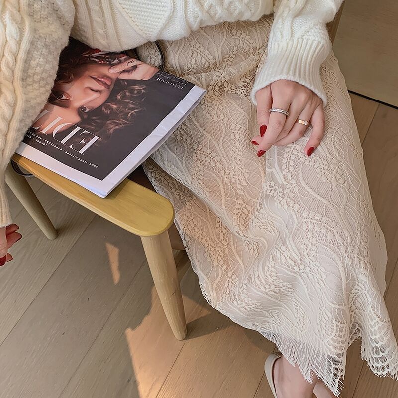 Lace Panel Knit Midi A-Line Skirt with High Waist