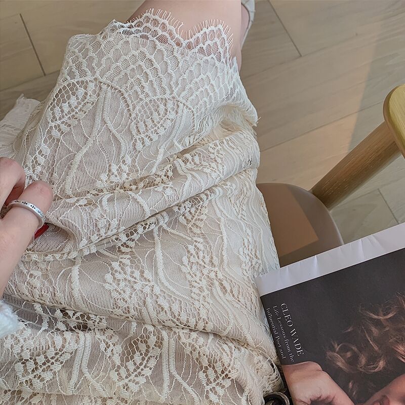 Lace Panel Knit Midi A-Line Skirt with High Waist