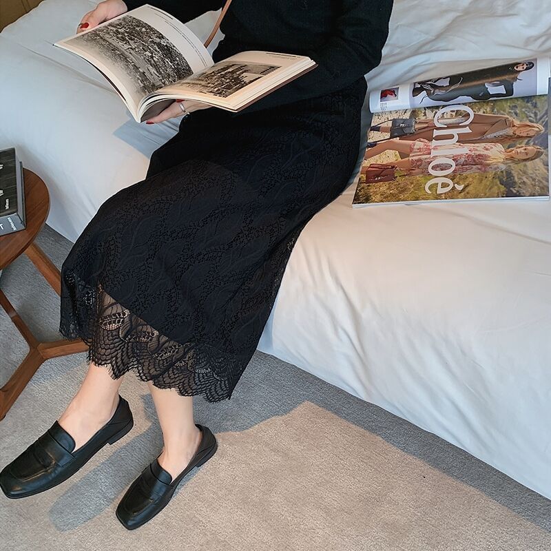 Lace Panel Knit Midi A-Line Skirt with High Waist