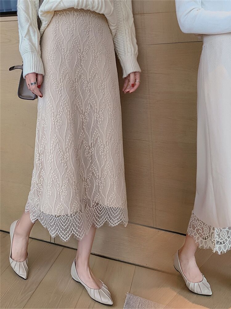 Lace Panel Knit Midi A-Line Skirt with High Waist