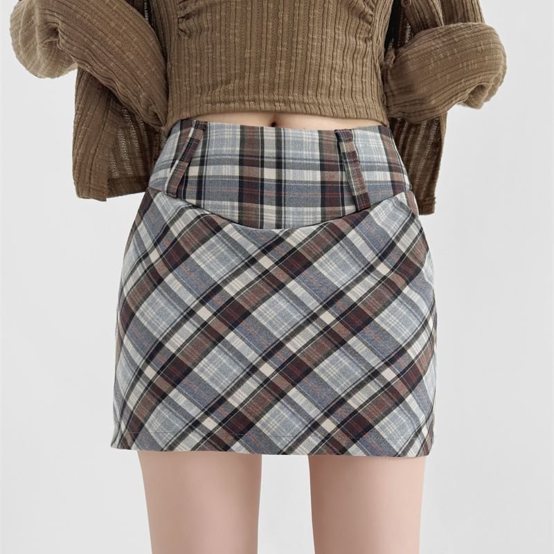 Plaid Mini Pencil Skirt with High Rise