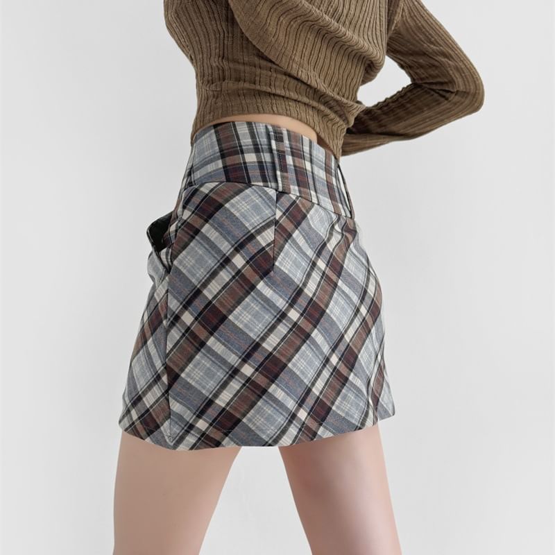 Plaid Mini Pencil Skirt with High Rise